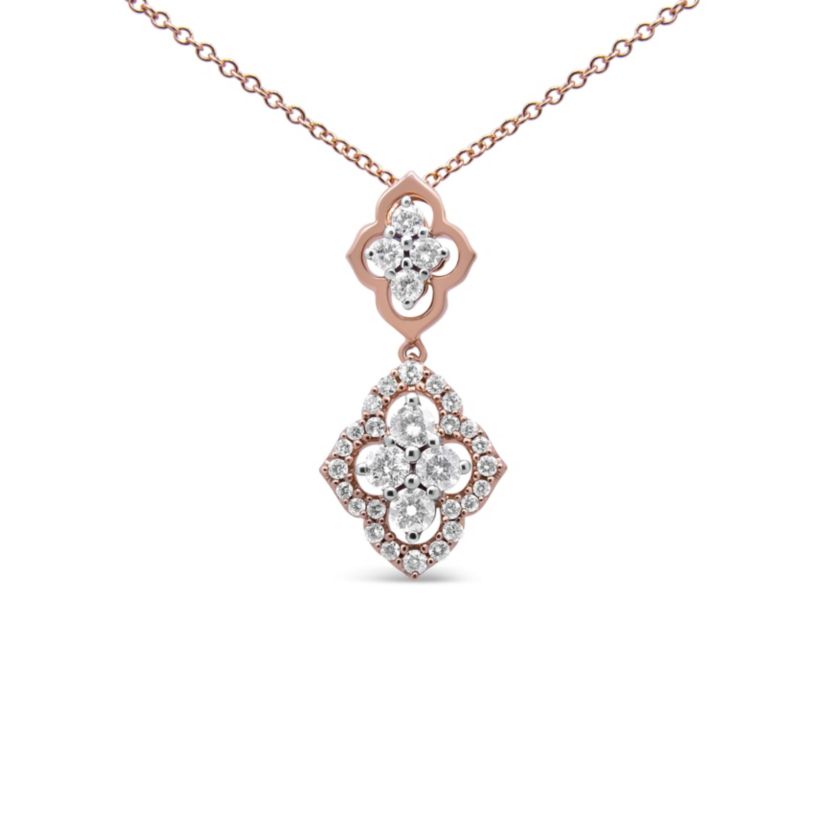 14K Rose Gold 3/4 Cttw Round Diamond Double Quatrefoil Pendant 18" Necklace