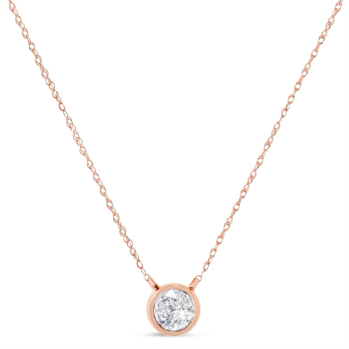 AGS Certified 10K Rose Gold 1/5 Ctw Bezel Set Diamond Solitaire Pendant Necklace