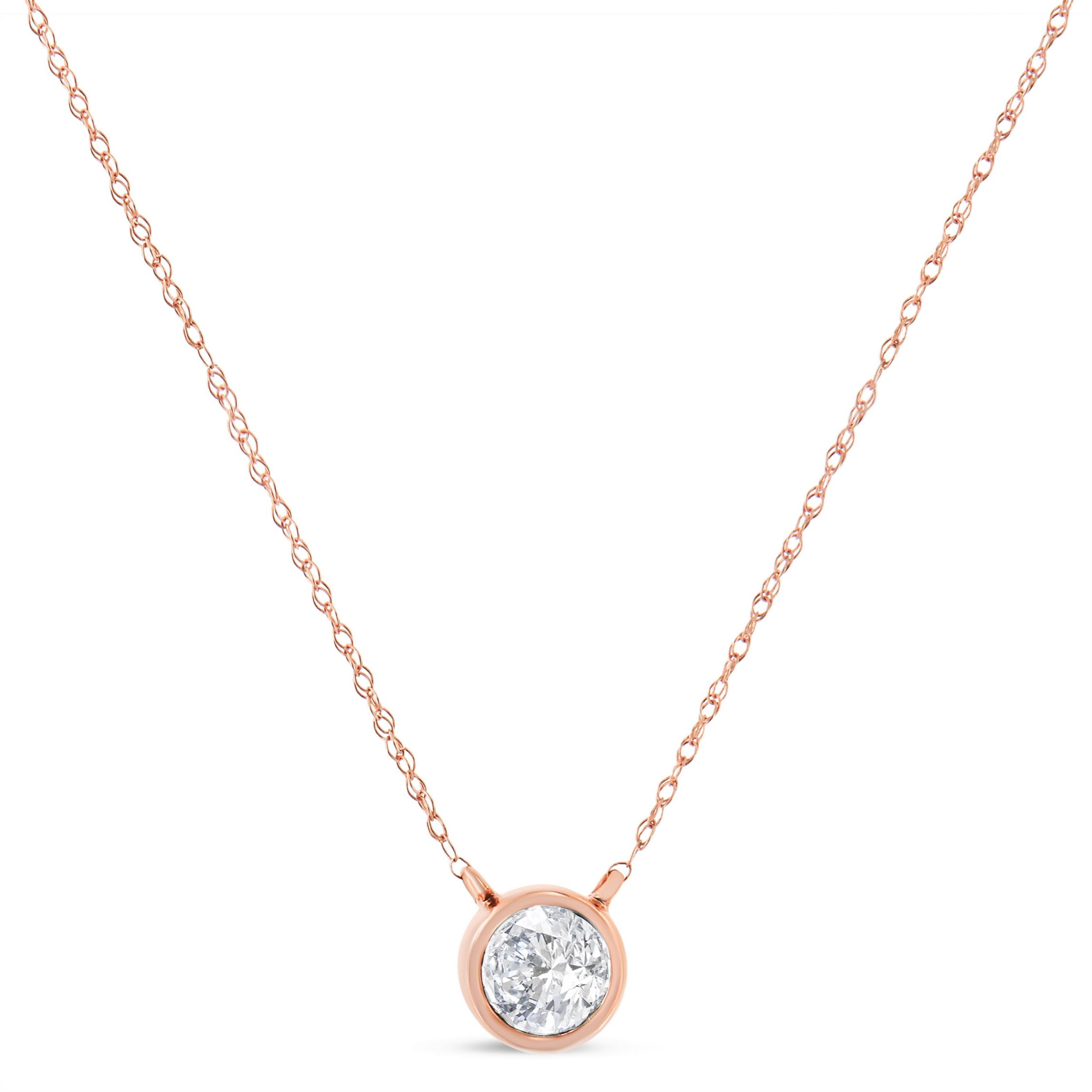 AGS Certified 10K Rose Gold 1/5 Cttw Bezel Set Diamond Solitaire Pendant Necklace