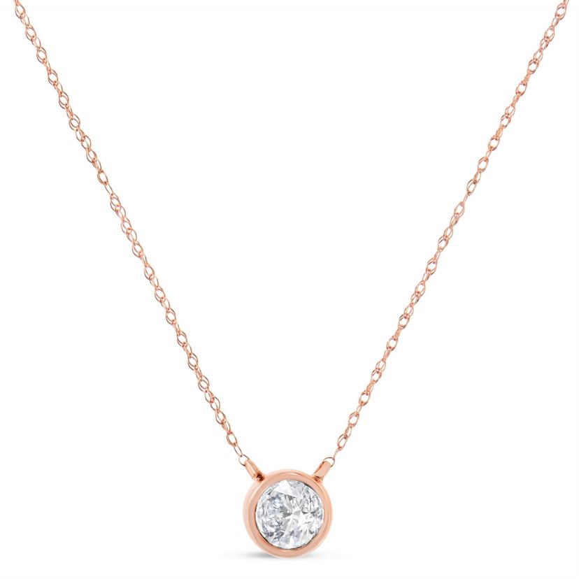AGS Certified 10K Rose Gold 1/5 Cttw Bezel Set Diamond Solitaire Pendant Necklace