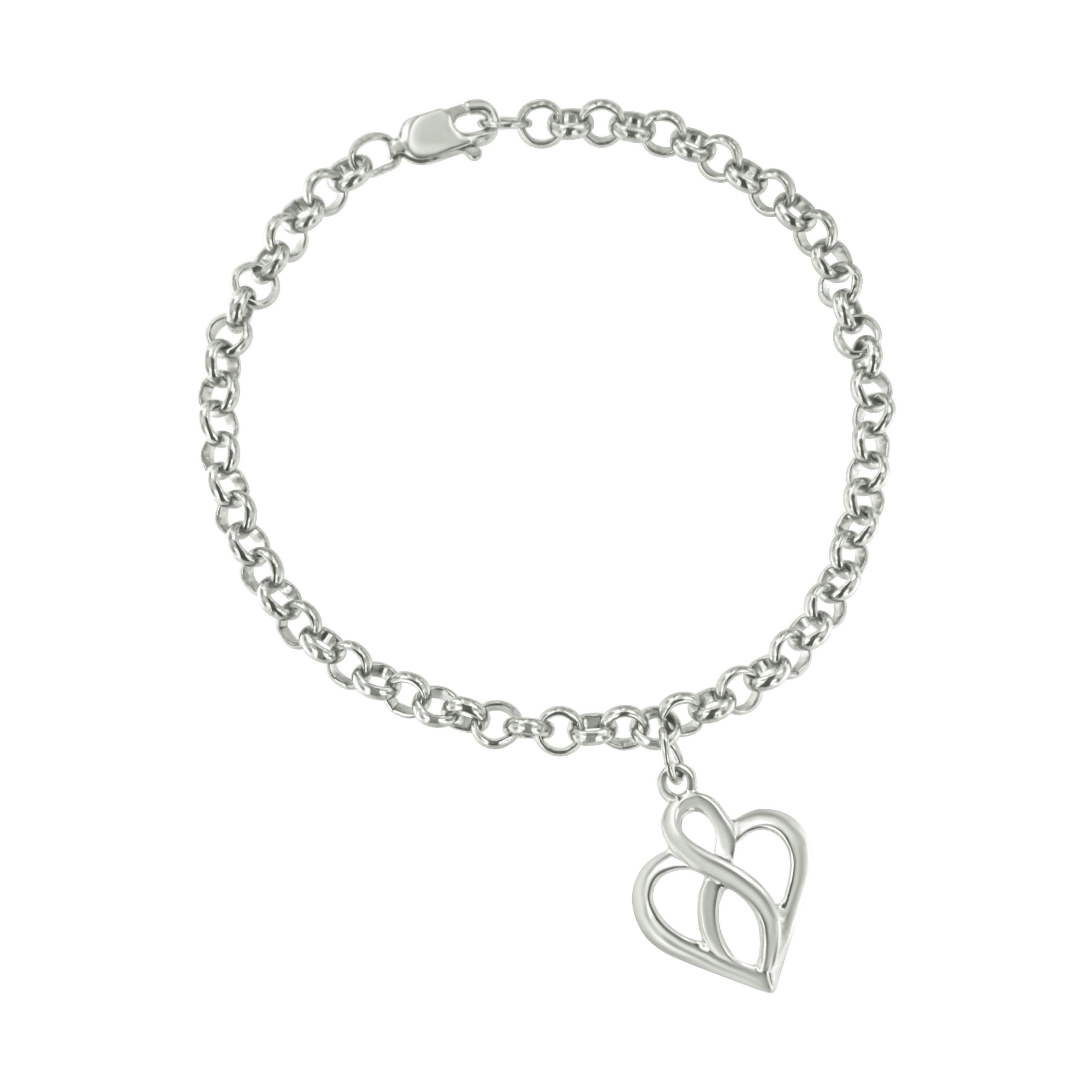 Silver Open Heart with Center Vertical Infinity Chain Charm Bracelet - Size 7"