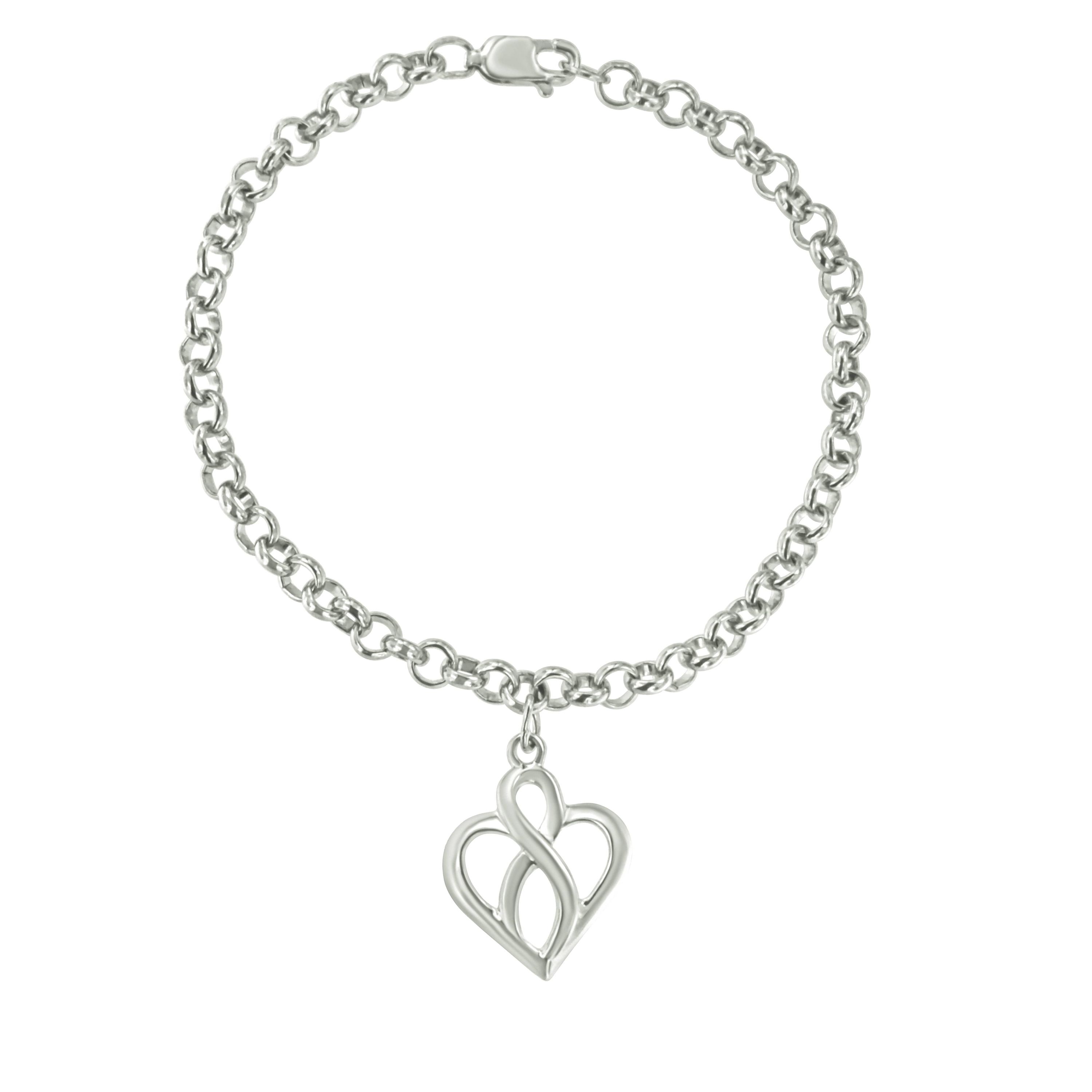 Silver Open Heart with Center Vertical Infinity Chain Charm Bracelet - Size 7"