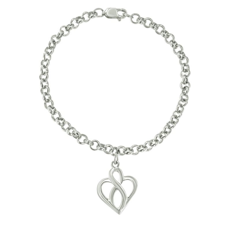 Silver Open Heart with Center Vertical Infinity Chain Charm Bracelet - Size 7"