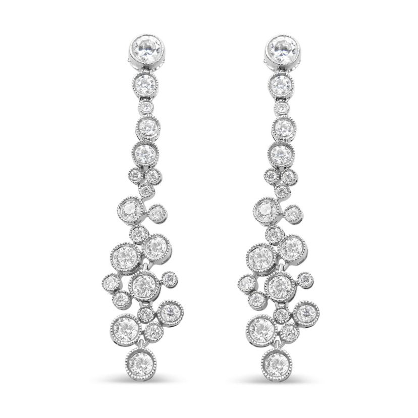 18K White Gold 3.15 Cttw Round Diamond Waterfall Drop Dangle Stud Earrings