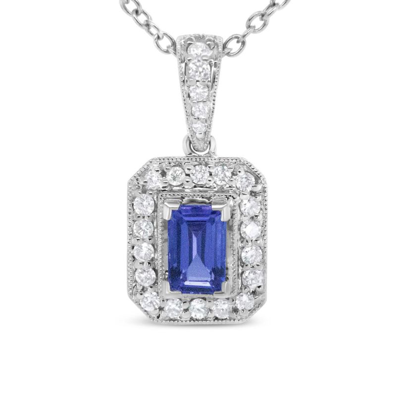 18K White Gold 1/4 Cttw Diamond and 6x4mm Purple Tanzanite Halo 18" Pendant Necklace