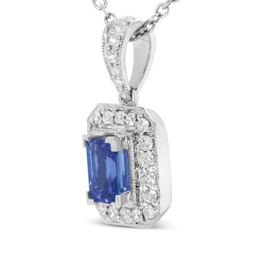 18K White Gold 1/4 Cttw Diamond and 6x4mm Purple Tanzanite Halo 18" Pendant Necklace