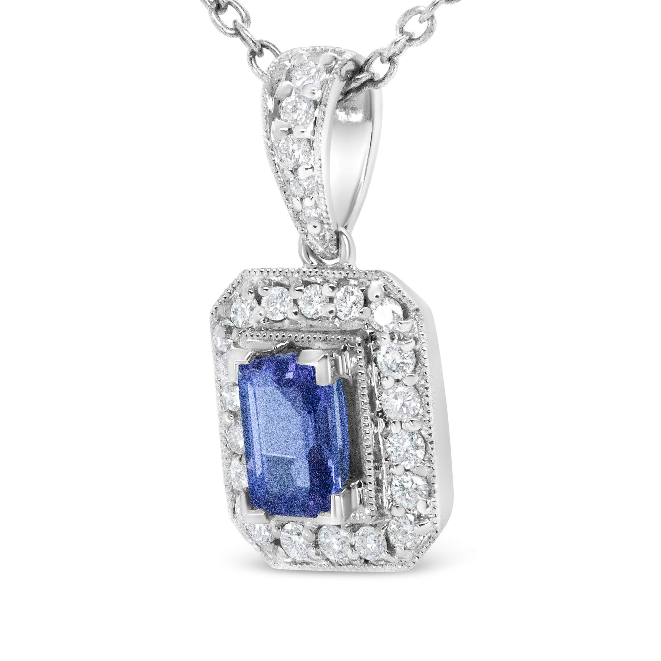 18K White Gold 1/4 Cttw Diamond and 6x4mm Purple Tanzanite Halo 18" Pendant Necklace