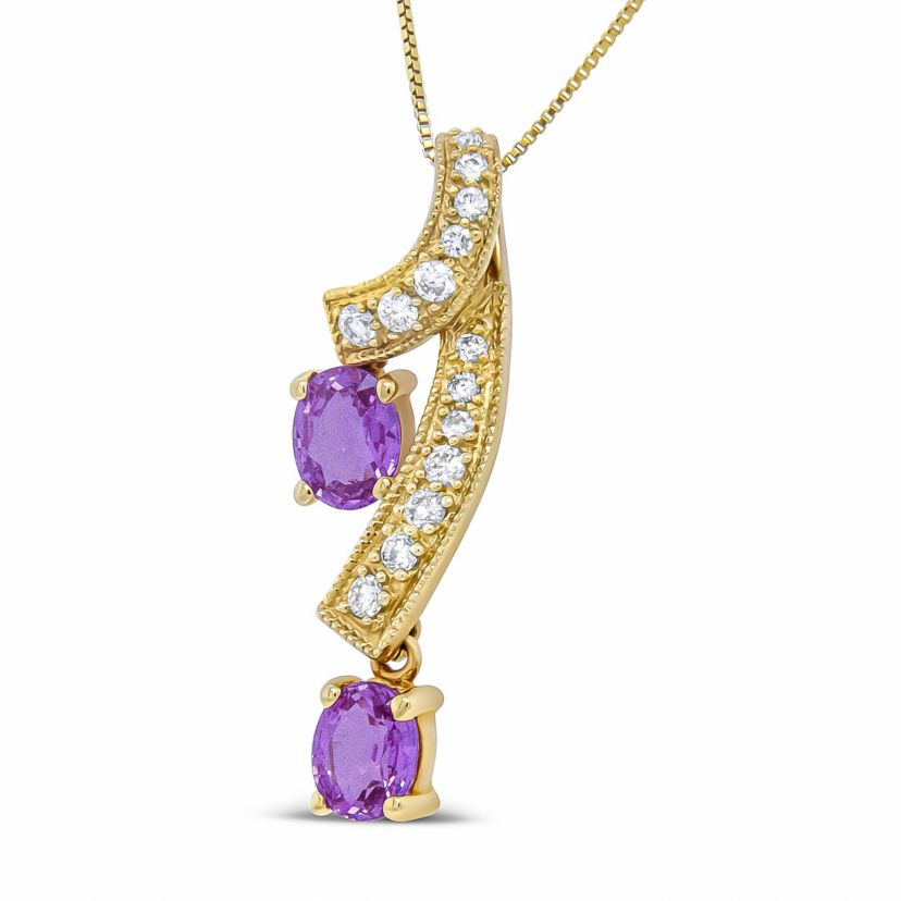 14K Yellow Gold 6x4mm Oval Pink Sapphire and 1/5 Cttw Diamond Pendant Necklace -