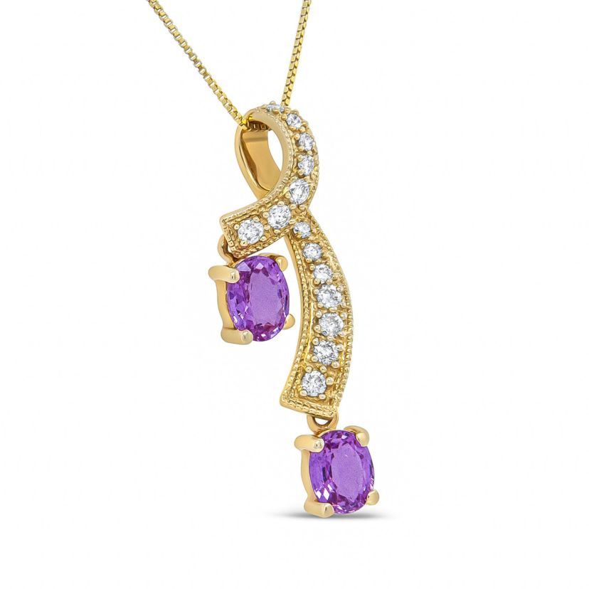 14K Yellow Gold 6x4mm Oval Pink Sapphire and 1/5 Cttw Diamond Pendant Necklace -