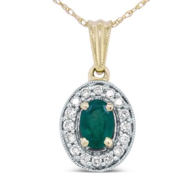 Haus of Brilliance 14K Yellow Gold 6x4mm Emerald and 1/5 Cttw Diamond Halo Pendant 18" Necklace