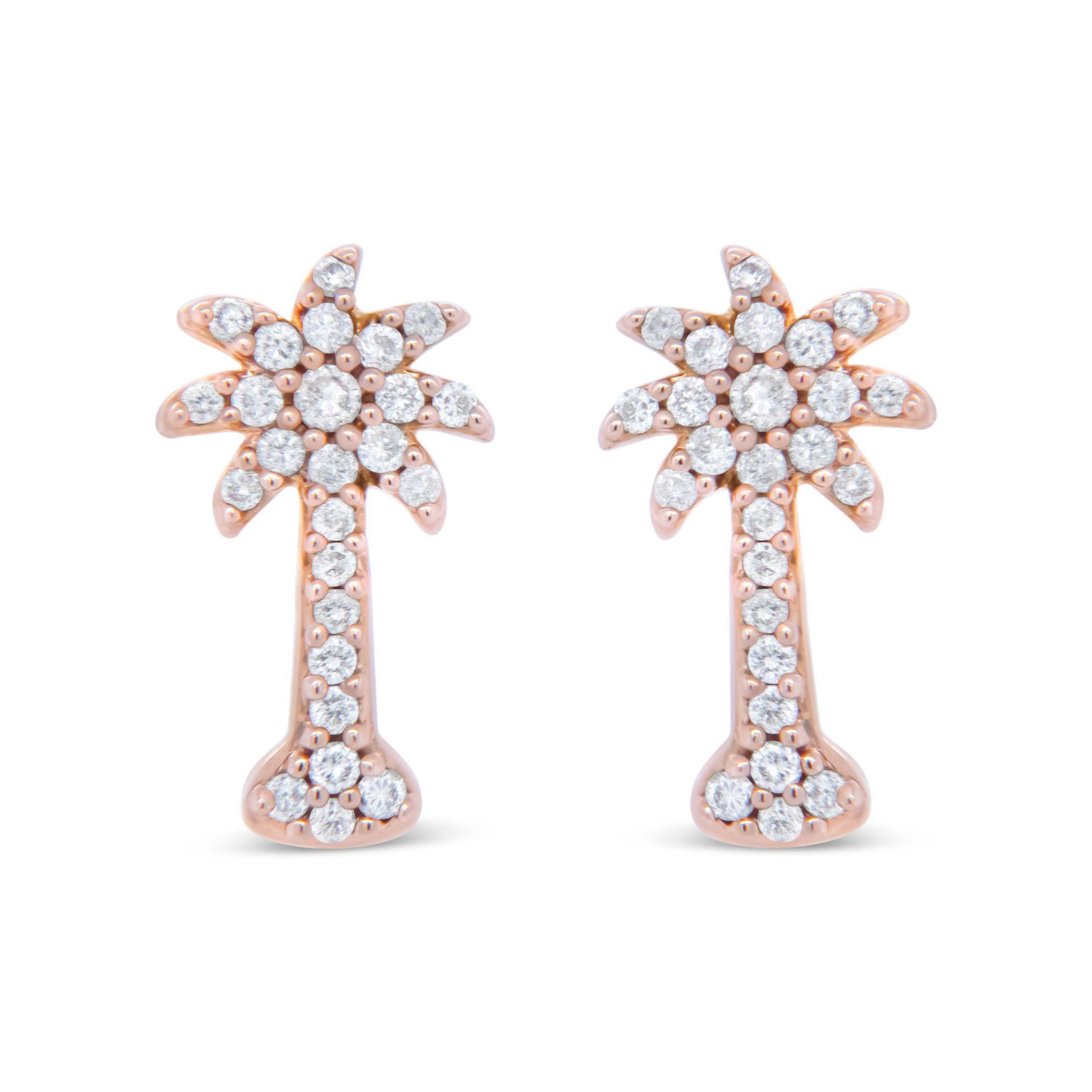 10K Rose Gold 1/4 Ct Diamond Palm Tree Stud Earrings