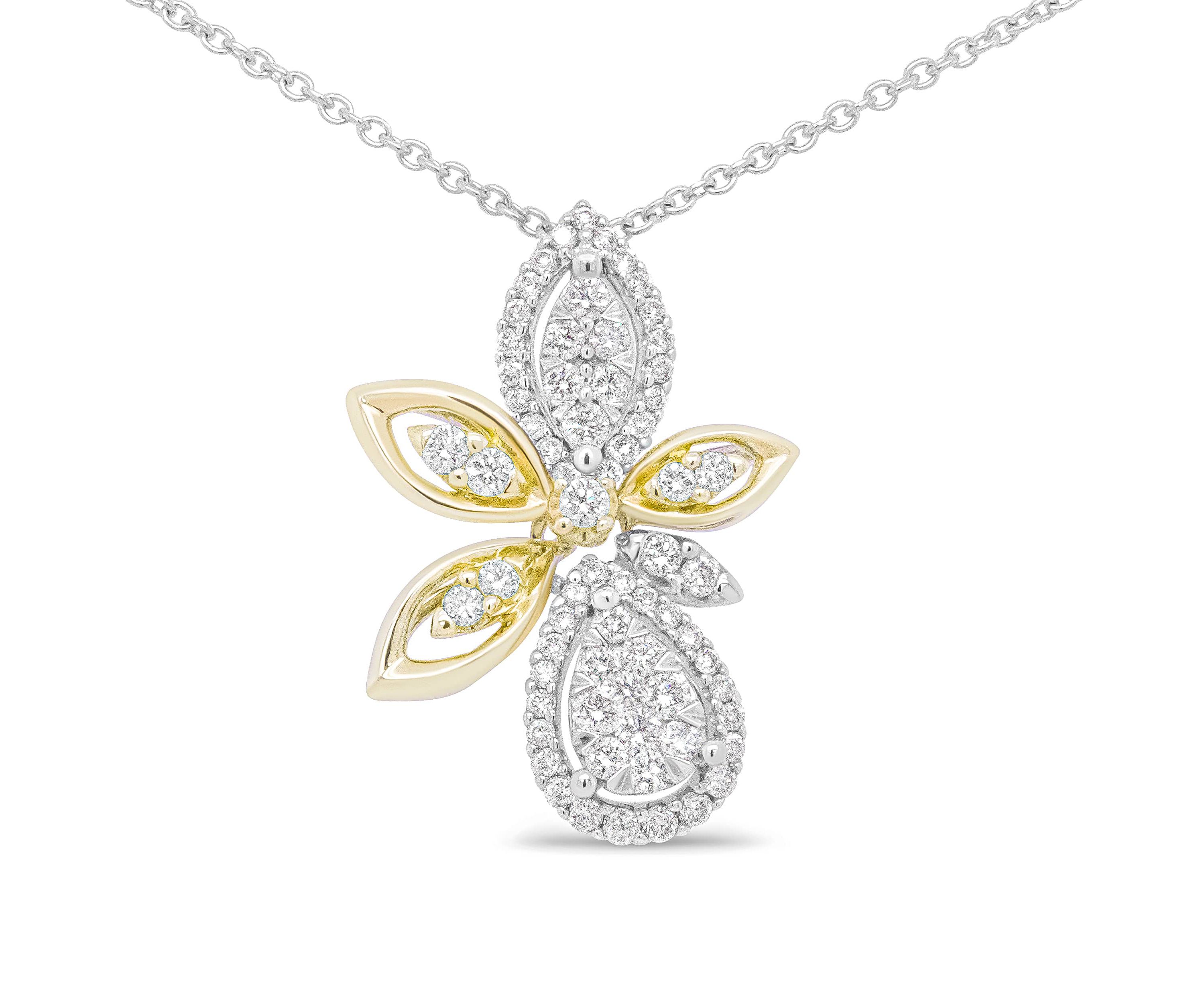 14K White and Yellow Gold 5/8 Cttw Diamond Marquise Floral Style Pendant Necklace