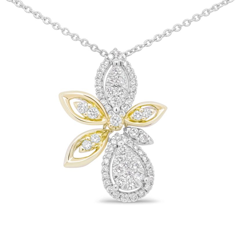 14K White and Yellow Gold 5/8 Cttw Diamond Marquise Floral Style Pendant Necklace