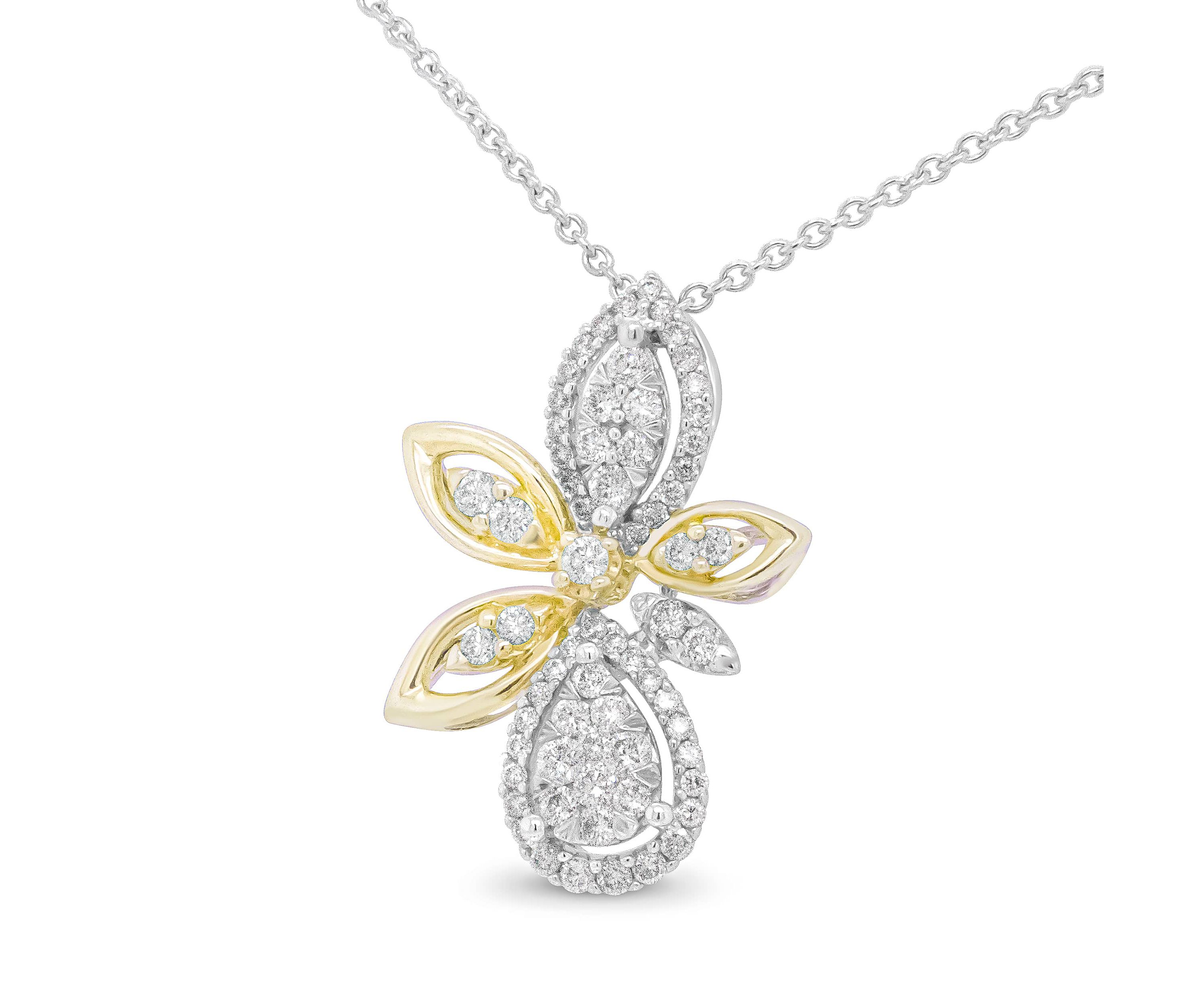 14K White and Yellow Gold 5/8 Cttw Diamond Marquise Floral Style Pendant Necklace