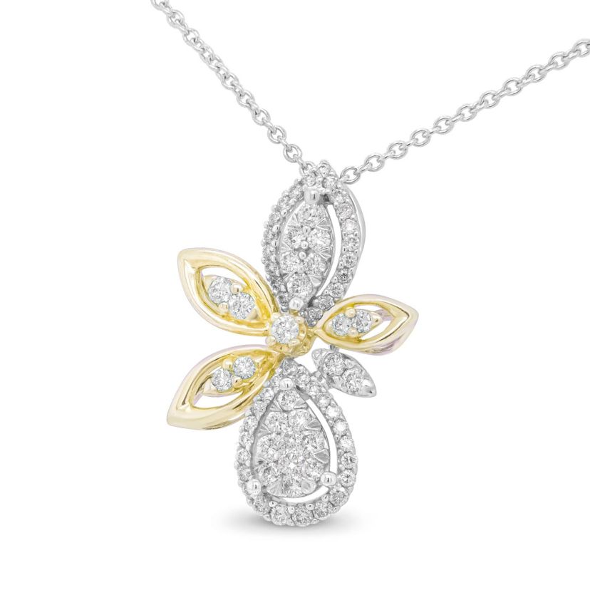 14K White and Yellow Gold 5/8 Cttw Diamond Marquise Floral Style Pendant Necklace