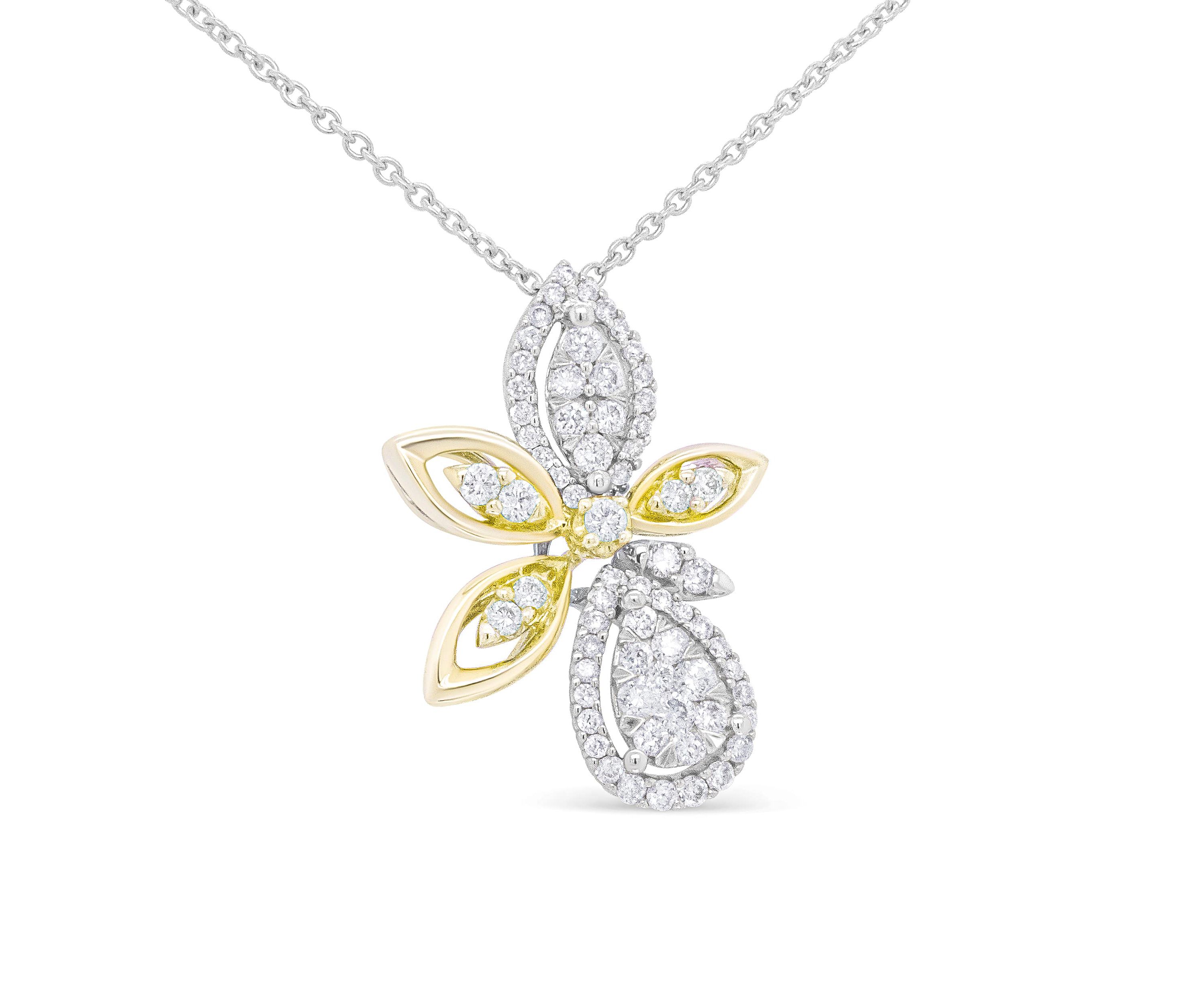 14K White and Yellow Gold 5/8 Cttw Diamond Marquise Floral Style Pendant Necklace