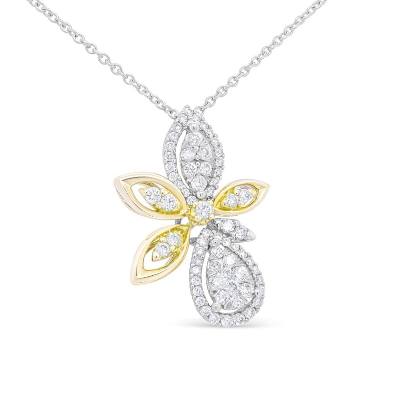 14K White and Yellow Gold 5/8 Cttw Diamond Marquise Floral Style Pendant Necklace