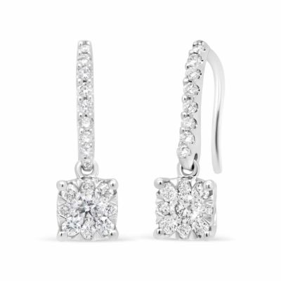 Haus of Brilliance 14K White 1/2 Cttw Round Diamond Halo Dangle Hook Earring
