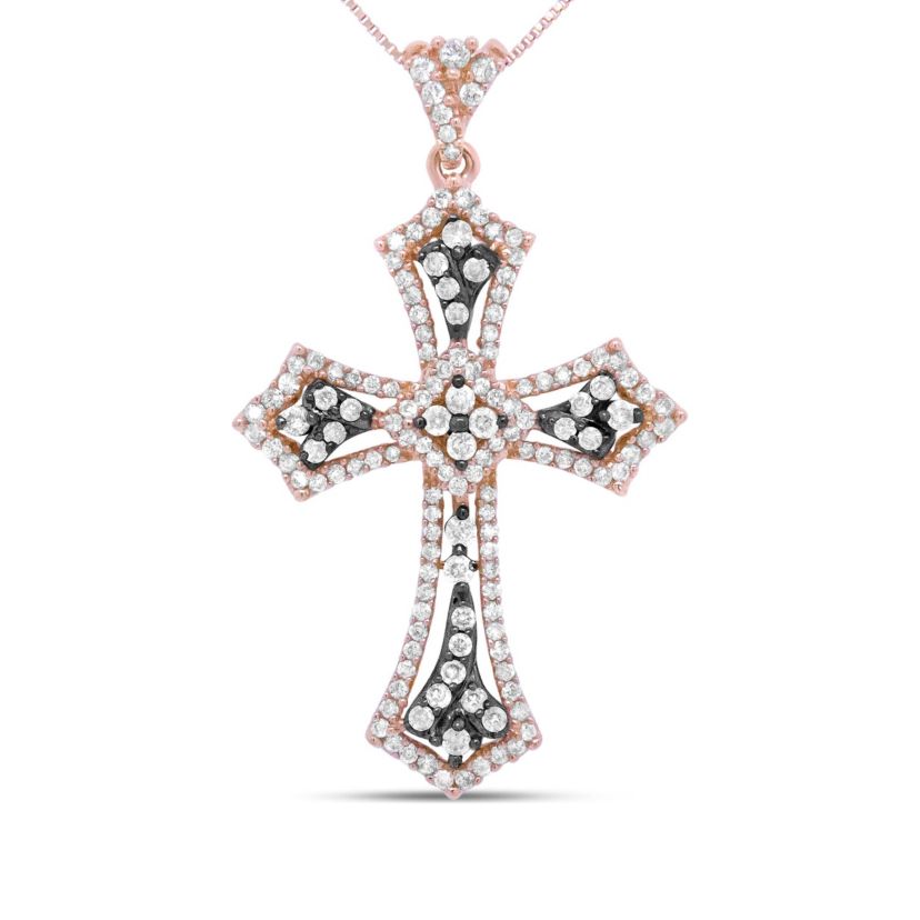 14K Rose Gold and Black Rhodium 1.0 Cttw Diamond St. James Budded Cross Pendant