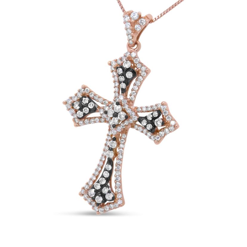 14K Rose Gold and Black Rhodium 1.0 Cttw Diamond St. James Budded Cross Pendant