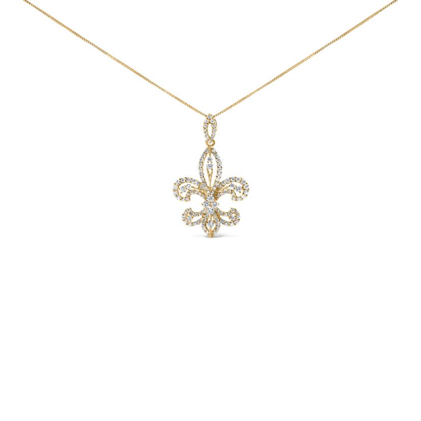 14K Yellow Gold 1.00 Cttw Round Diamond Fleur De Lis 18" Pendant Necklace