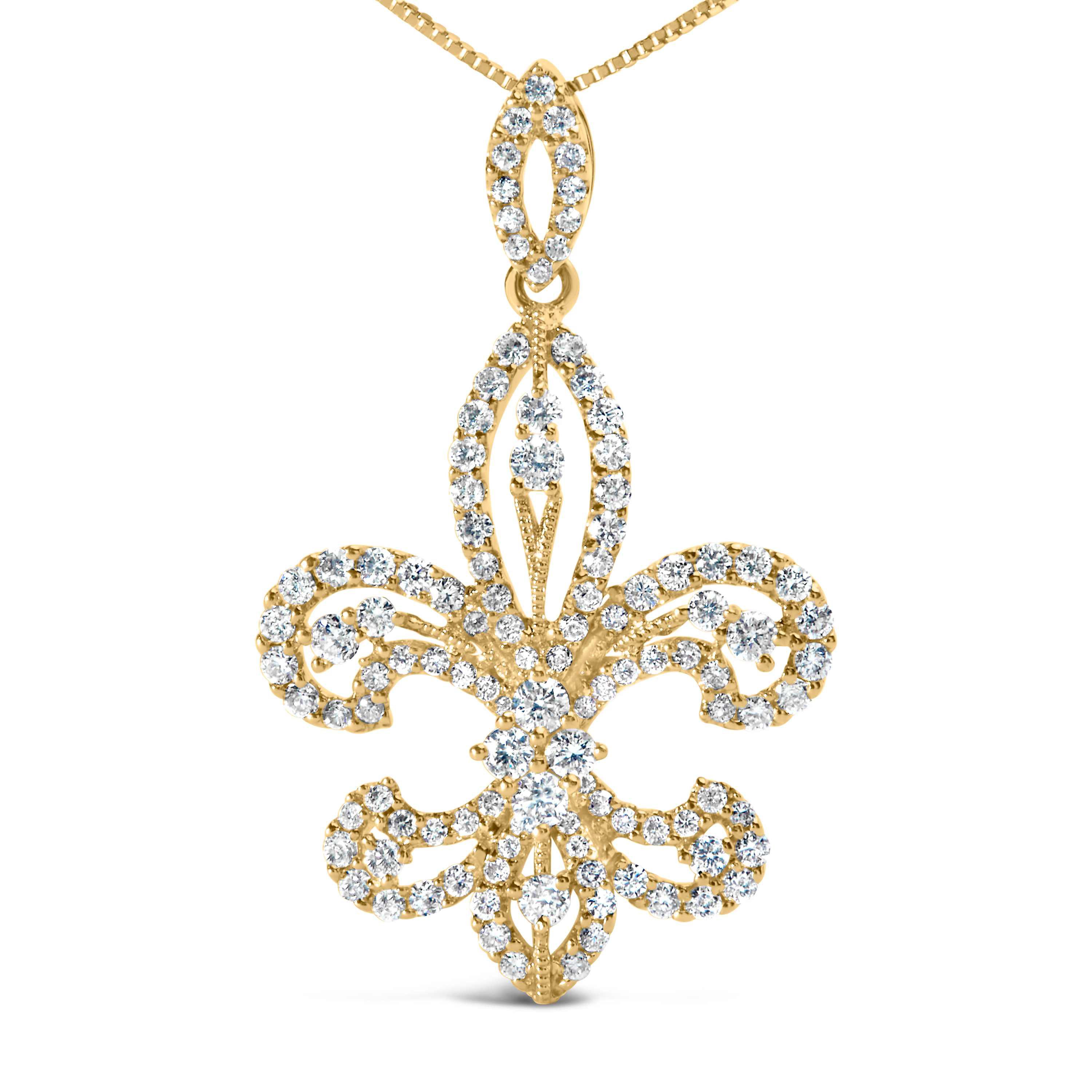 14K Yellow Gold 1.00 Cttw Round Diamond Fleur De Lis 18" Pendant Necklace