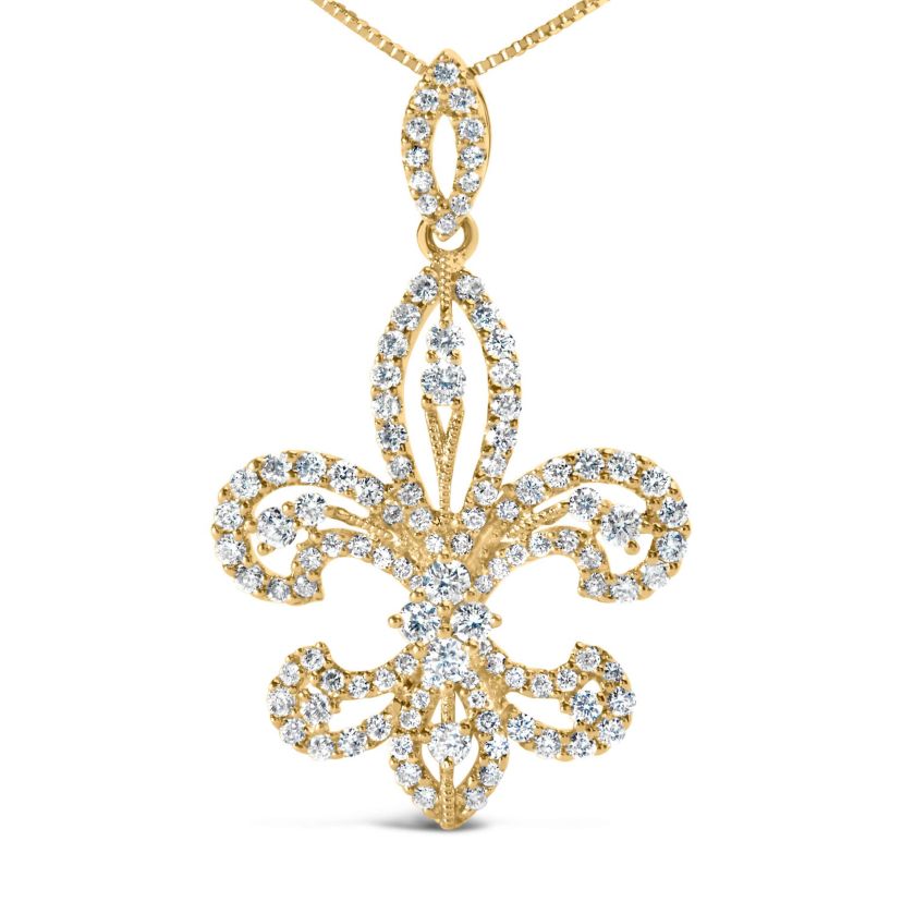 14K Yellow Gold 1.00 Cttw Round Diamond Fleur De Lis 18" Pendant Necklace