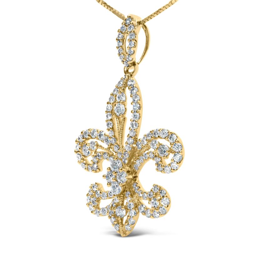 14K Yellow Gold 1.00 Cttw Round Diamond Fleur De Lis 18" Pendant Necklace