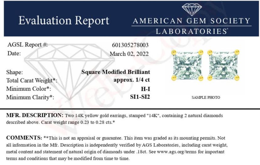 AGS Certified 14k Yellow Gold 1/4 Ct Princess Solitaire Diamond Stud Earrings