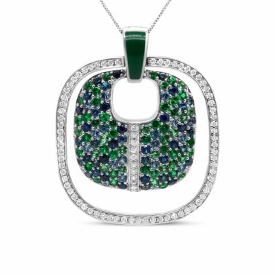 Haus of Brilliance Silver Pendant Diamond Sapphire Tsavorite Pendant Necklace