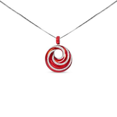 Haus of Brilliance Sterling Silver Red Enamel and 1/2 Diamond Swirl Medallion Pendant Necklace