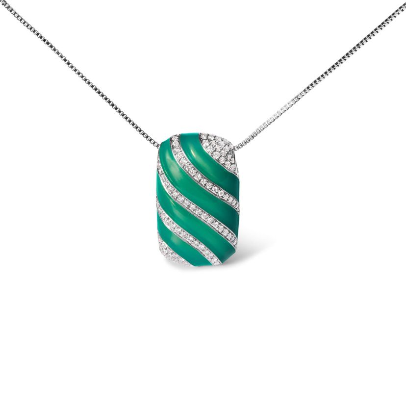 Sterling Silver Turquoise Enamel and 1/2 Cttw Diamond Block Pendant Necklace