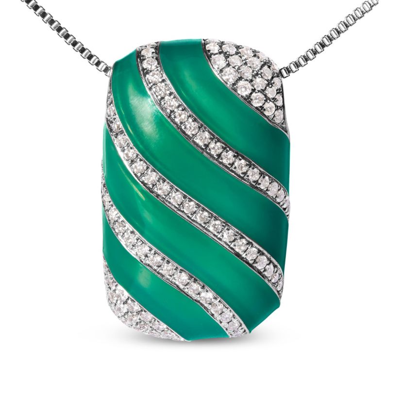 Sterling Silver Turquoise Enamel and 1/2 Cttw Diamond Block Pendant Necklace
