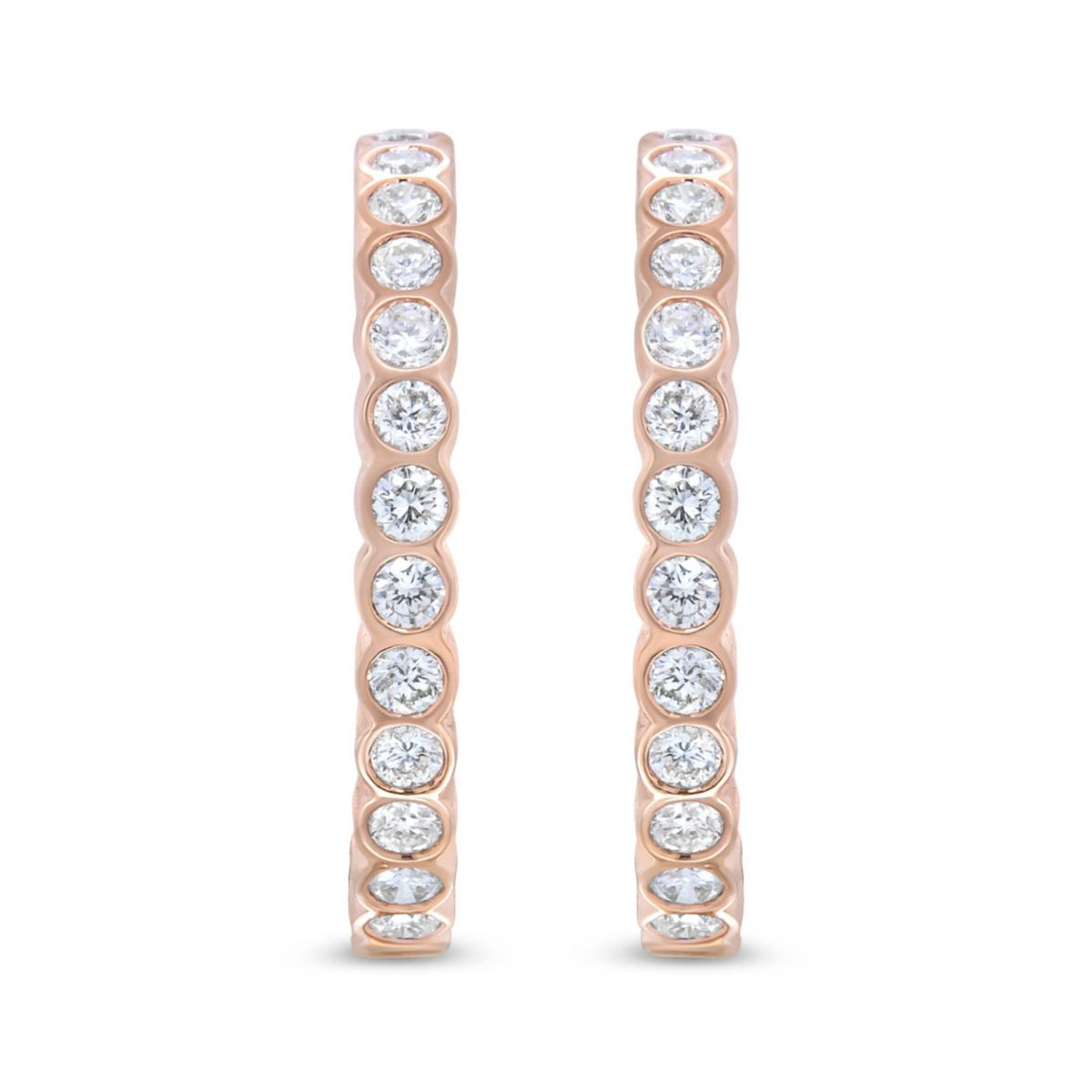 18K Rose Gold 1 Cttw Round Bezel-Set Diamond Hoop Earrings