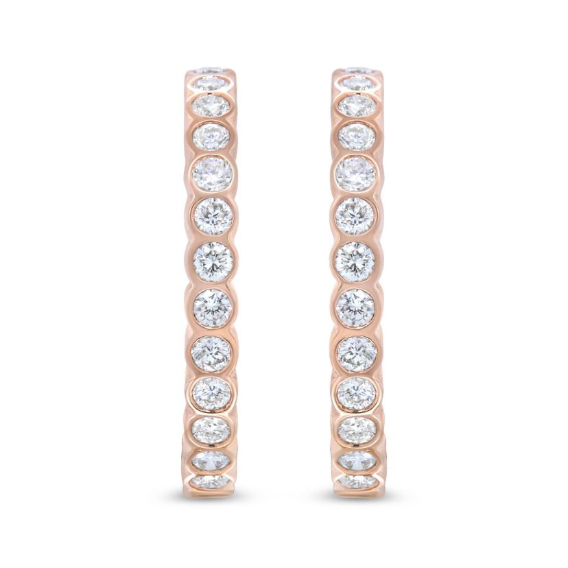 18K Rose Gold 1 Cttw Round Bezel-Set Diamond Hoop Earrings
