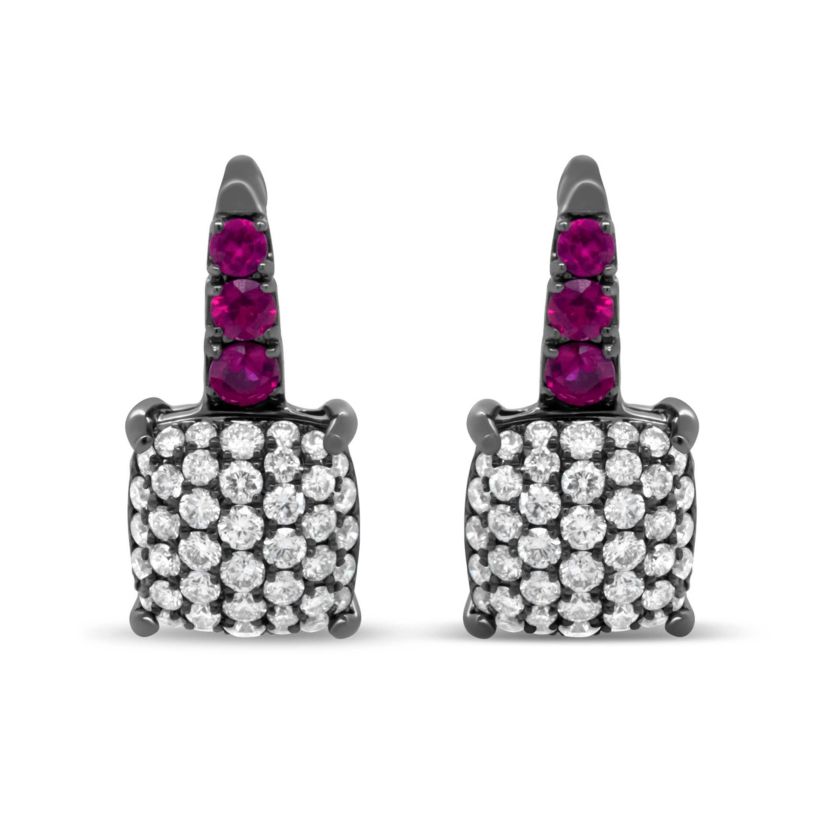 Rhodium over 18K White Gold 7/8 Cttw Diamond and Graduated Red Ruby Drop Earrings