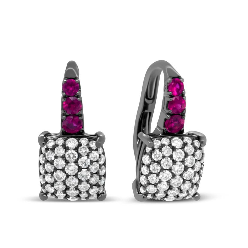 Rhodium over 18K White Gold 7/8 Cttw Diamond and Graduated Red Ruby Drop Earrings
