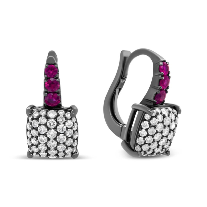 Rhodium over 18K White Gold 7/8 Cttw Diamond and Graduated Red Ruby Drop Earrings