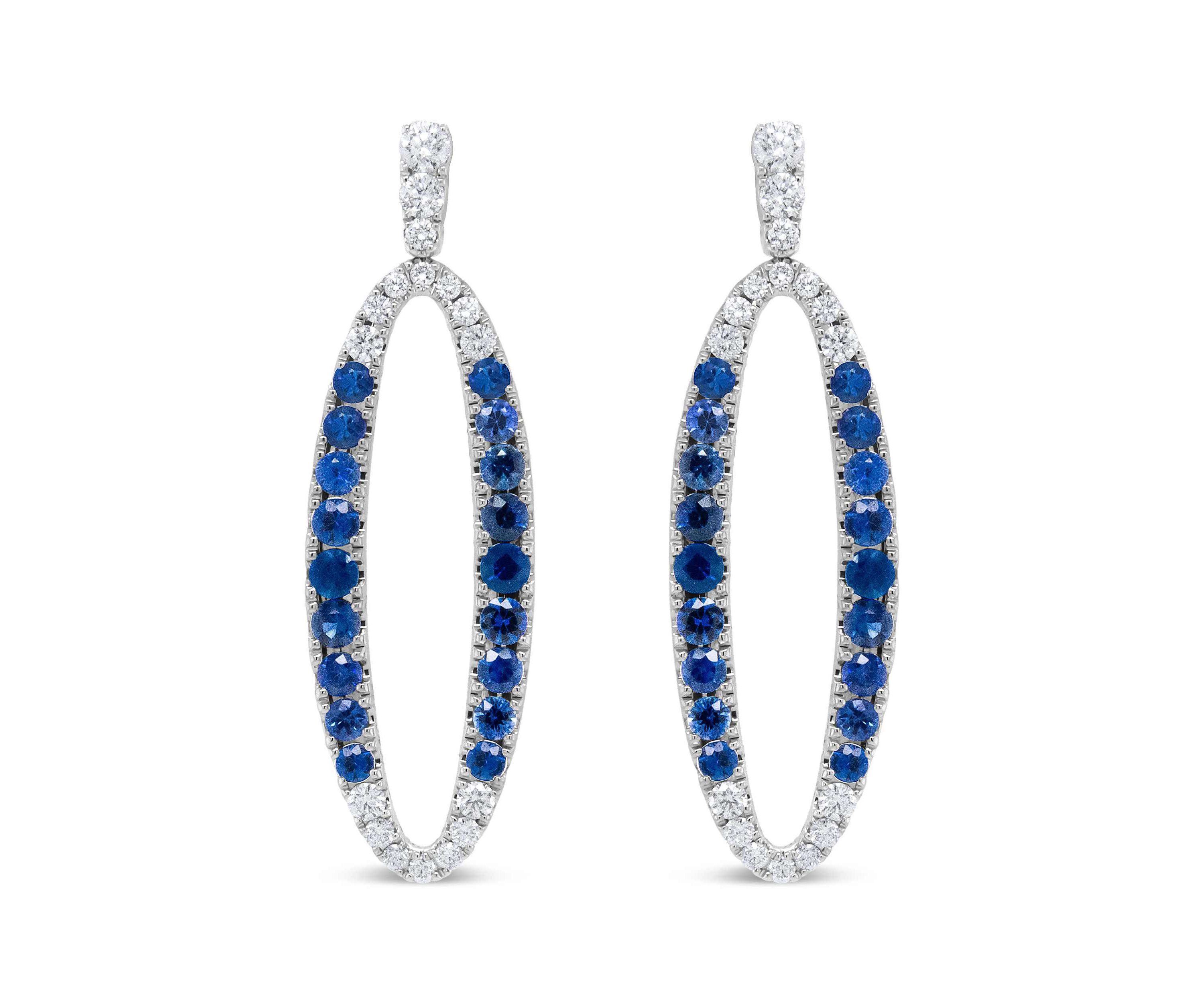18K White Gold 1 1/10 Cttw Diamond & Sapphire Openwork Oval Shaped Dangle Earrings