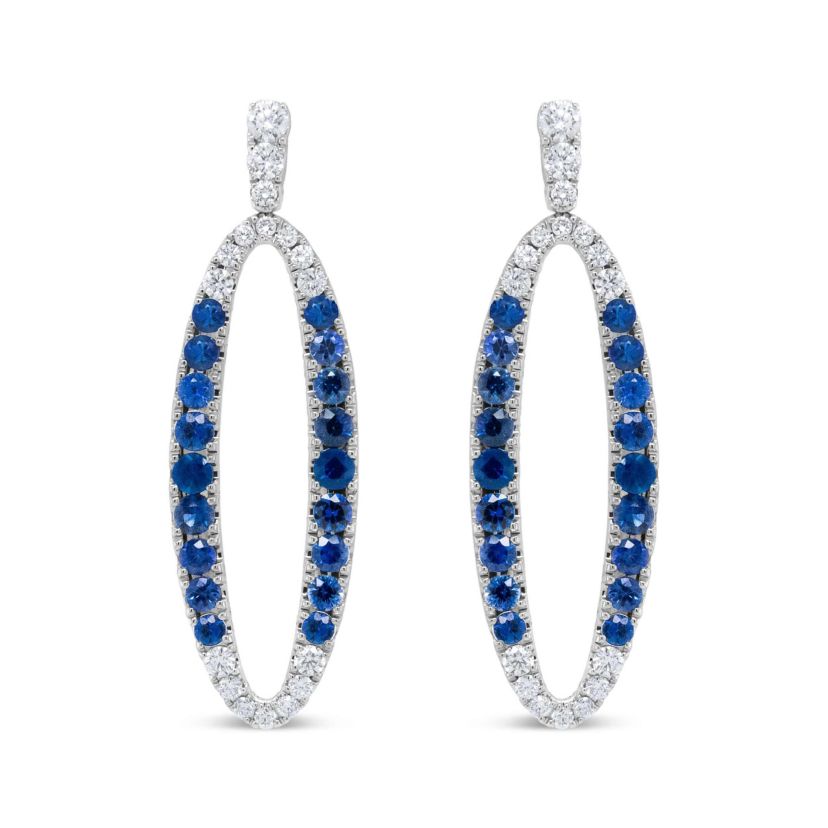 18K White Gold 1 1/10 Cttw Diamond & Sapphire Openwork Oval Shaped Dangle Earrings