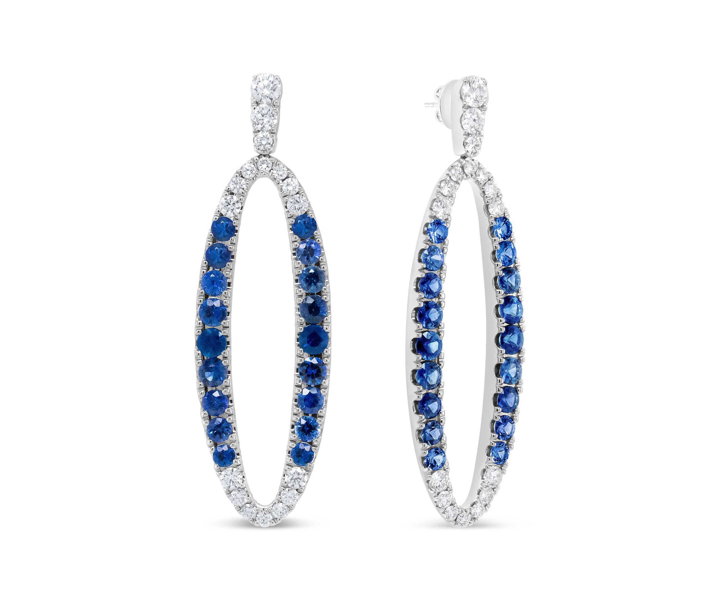 18K White Gold 1 1/10 Cttw Diamond & Sapphire Openwork Oval Shaped Dangle Earrings