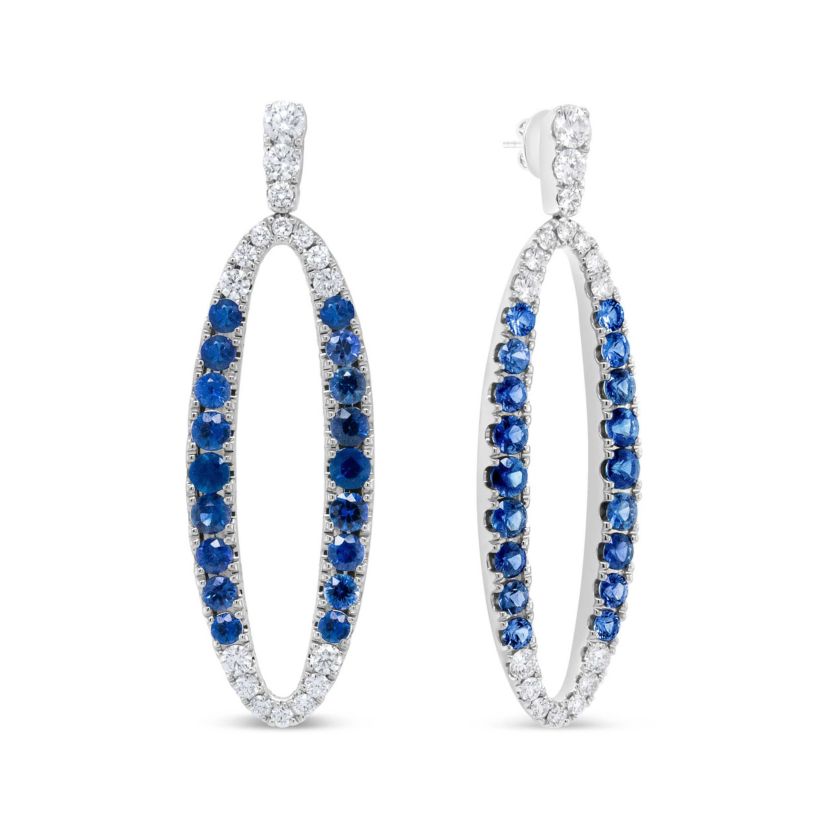 18K White Gold 1 1/10 Cttw Diamond & Sapphire Openwork Oval Shaped Dangle Earrings