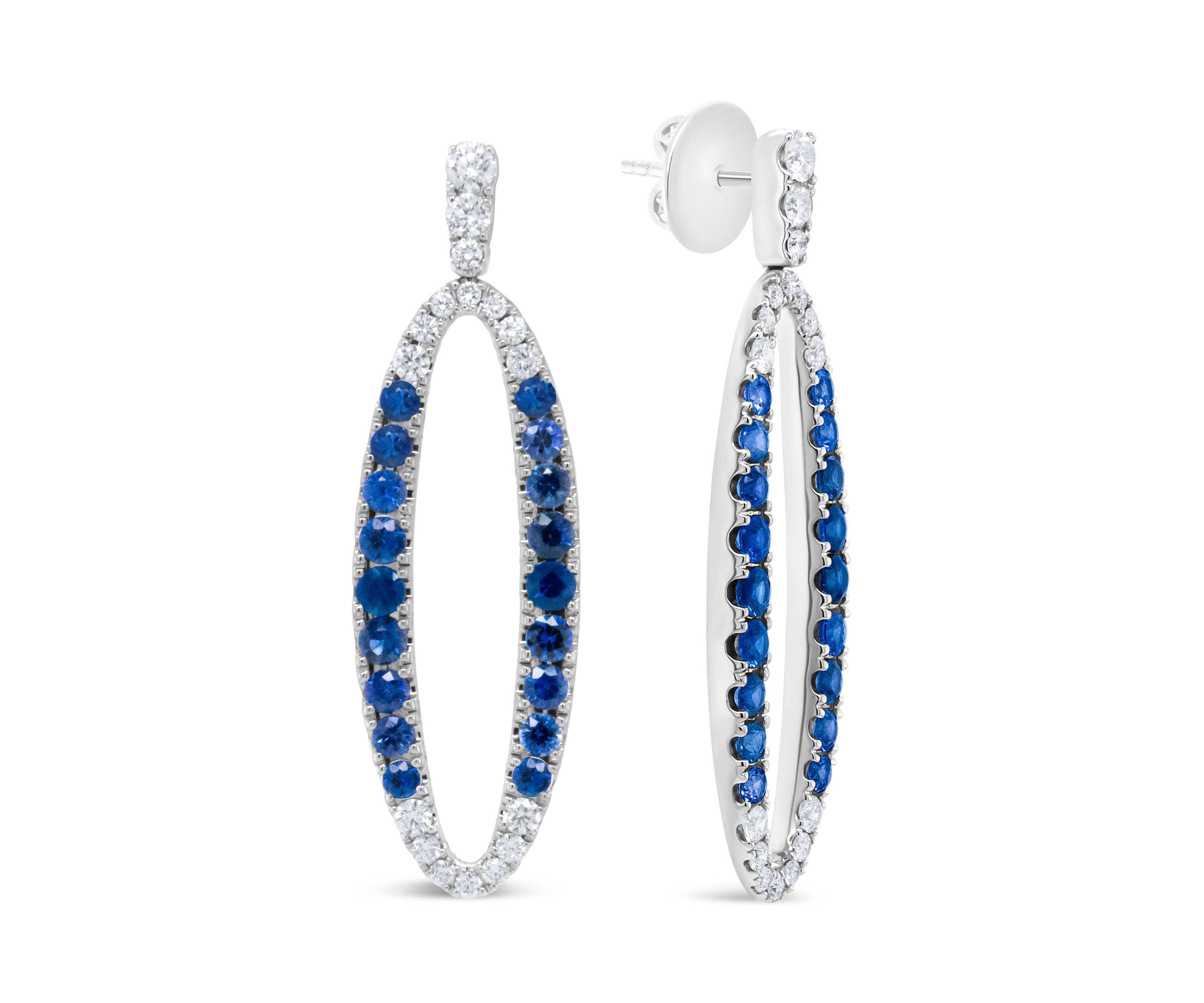 18K White Gold 1 1/10 Cttw Diamond & Sapphire Openwork Oval Shaped Dangle Earrings