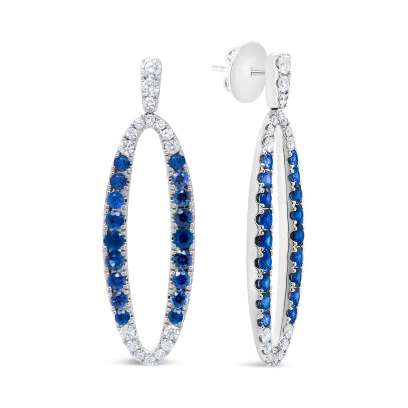 18K White Gold 1 1/10 Cttw Diamond & Sapphire Openwork Oval Shaped Dangle Earrings