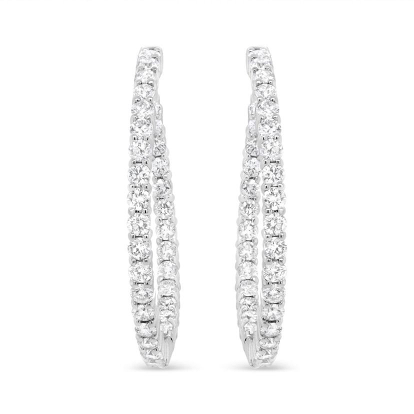 18K White Gold 3 5/8 Cttw Round Diamond Curved Inside-Outside Hoop Earrings
