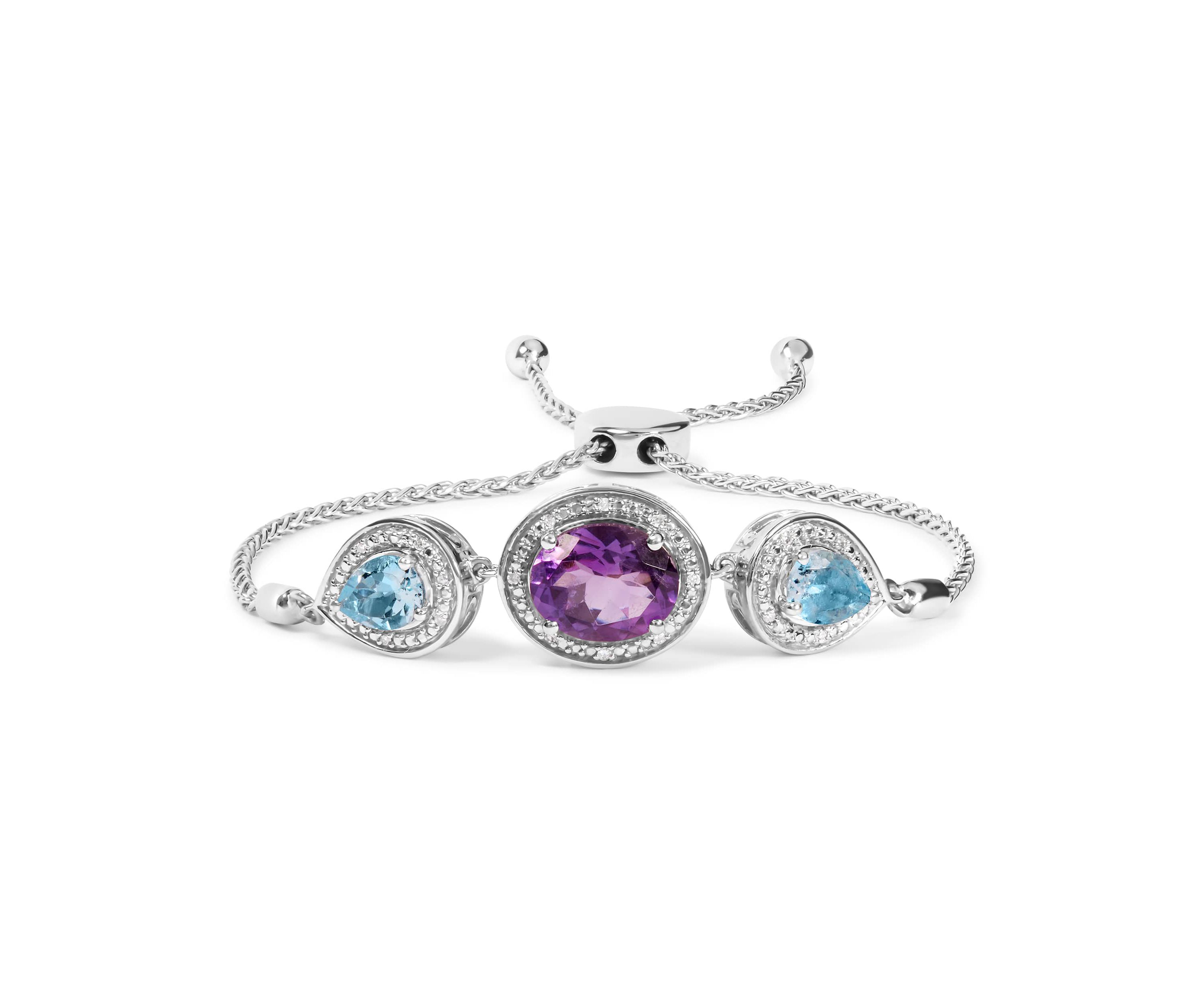 Sterling Silver Amethyst & Topaz with Diamond Bolo Bracelet - 4"-10"