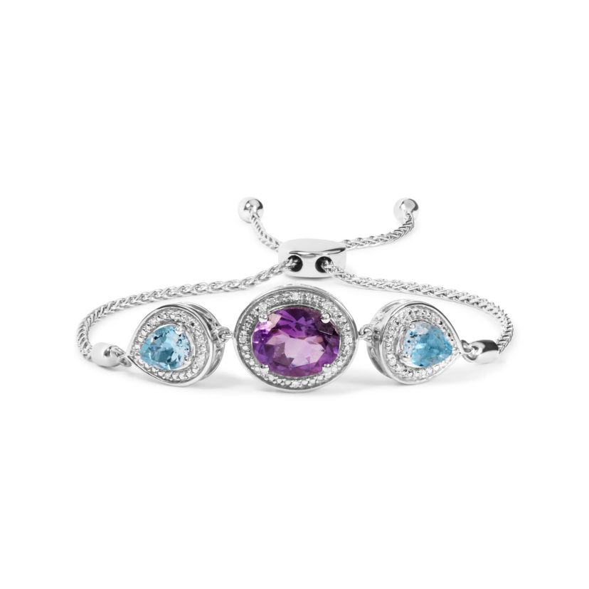 Sterling Silver Amethyst & Topaz with Diamond Bolo Bracelet - 4"-10"