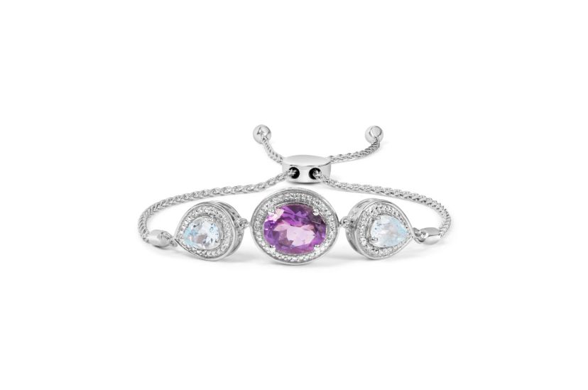 Sterling Silver Amethyst & Topaz with Diamond Bolo Bracelet - 4"-10"