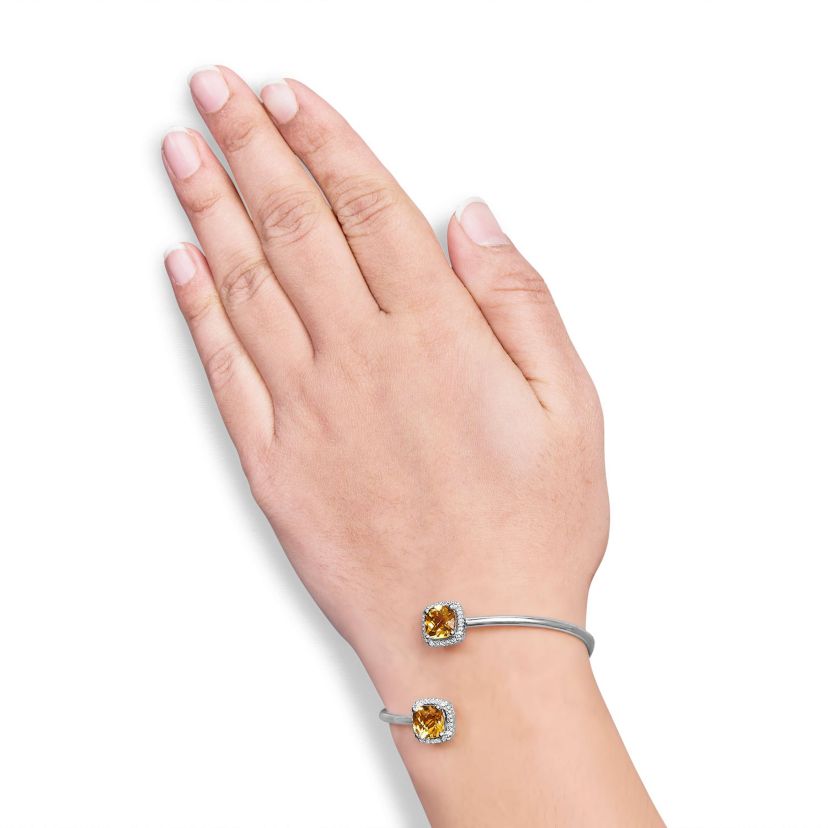 Silver 8mm Yellow Citrine and Diamond Accent Split Bypass Bangle Bracelet