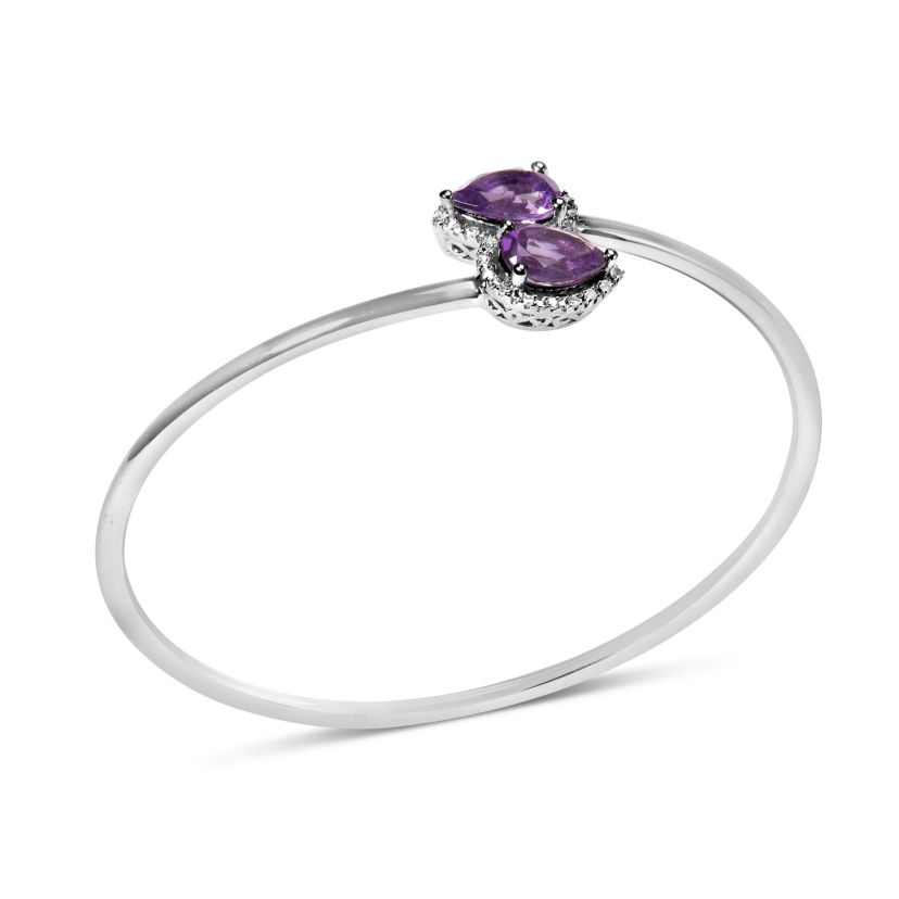 Sterling Silver Amethyst & Diamond Accent Bangle Bracelet - 7"